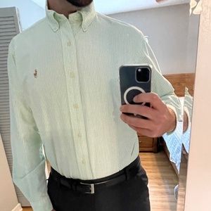 Ralph Lauren Casual Green and White Striped Button Down Large Class Fit